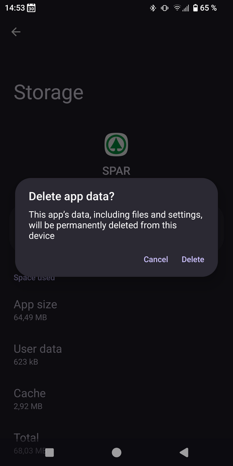A screenshot of a 'Delete app data?'-prompt. Options provided are 'Cancel' and 'Delete'.