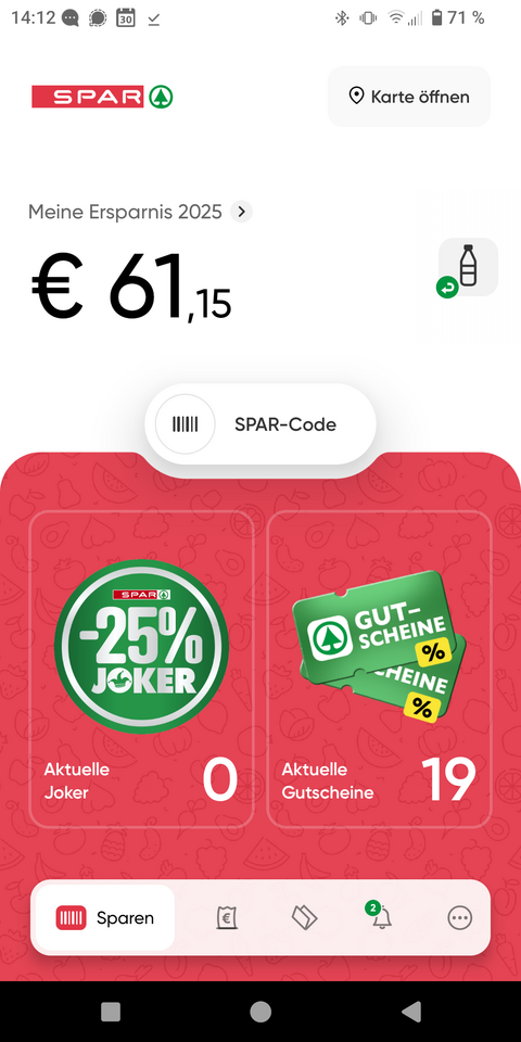 A screenshot of the SPAR app. On the top 'Meine Ersparnis 2025: € 61,15' is visible. Also 0 jokers are available.