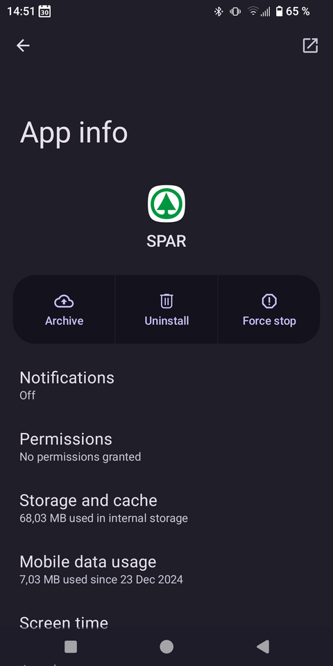 A screenshot of an Android app info screen for the SPAR app. There are multiple options provided including 'Storage and cache'.
