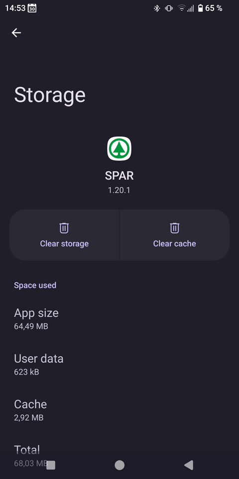A screenshot of the storage and cache page of the SPAR app info. The option 'Clear storage' is provided in the top left alongside other options.
