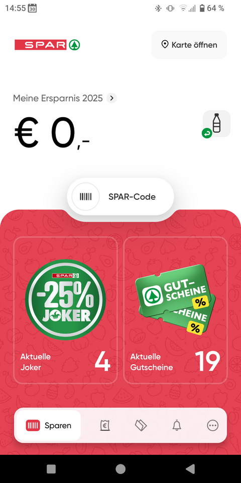 A screenshot of the SPAR app. On the top 'Meine Ersparnis 2025: € 0,-' is visible. There are four jokers are available.